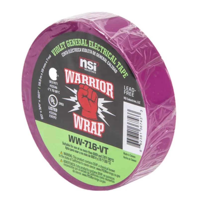 WarriorWrap WW-716-VT Violet Vinyl General Use Electrical Tape is strong enough for professional environments and gets the job done right the first time, every time. This tape is 7mil thick, 60ft long and has a max temperature rating of 176 degrees. The strong adhesion helps stick to uneven surfaces and keeps the backing in place. Top breaking strength and elasticity make WarriorWrap an excellent choice for splicing, insulating or marking wires.