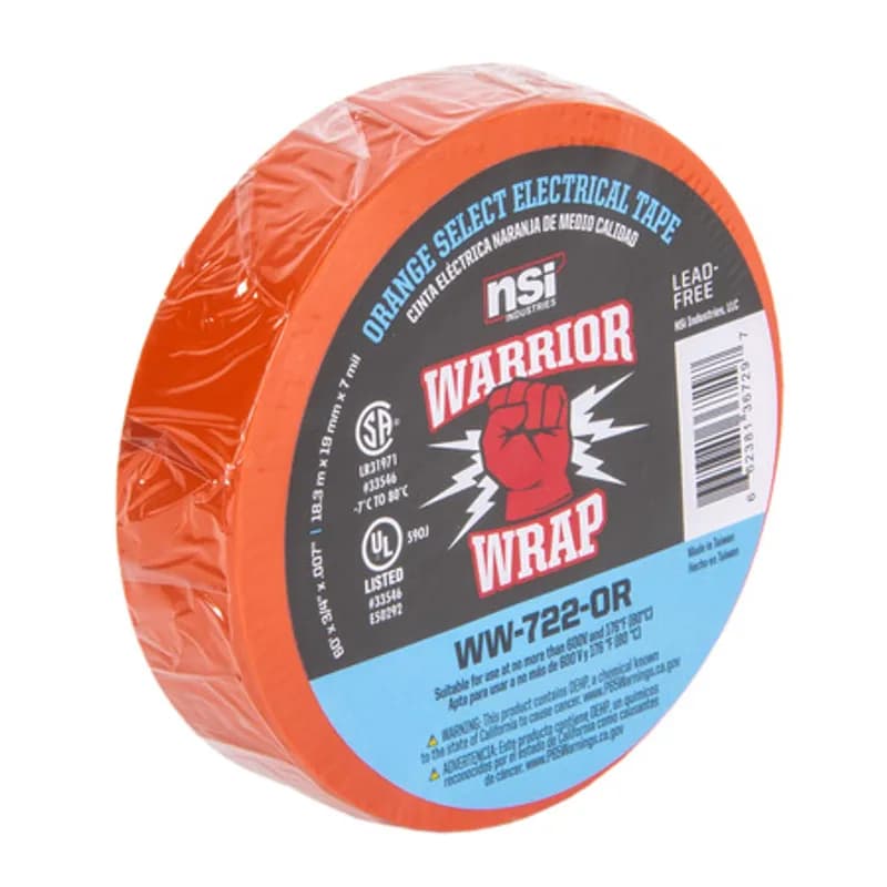 WarriorWrap WW-722-OR Orange Vinyl Professional Electrical Tape is strong enough for demanding environments and highly resistant to abrasion and corrosion. This tape is 7mil thick, 60ft long and has a max temperature rating of 176 degrees. The strong adhesion helps stick to uneven surfaces and keeps the backing in place. Top breaking strength and elasticity make WarriorWrap an excellent choice for splicing, insulating or marking wires.