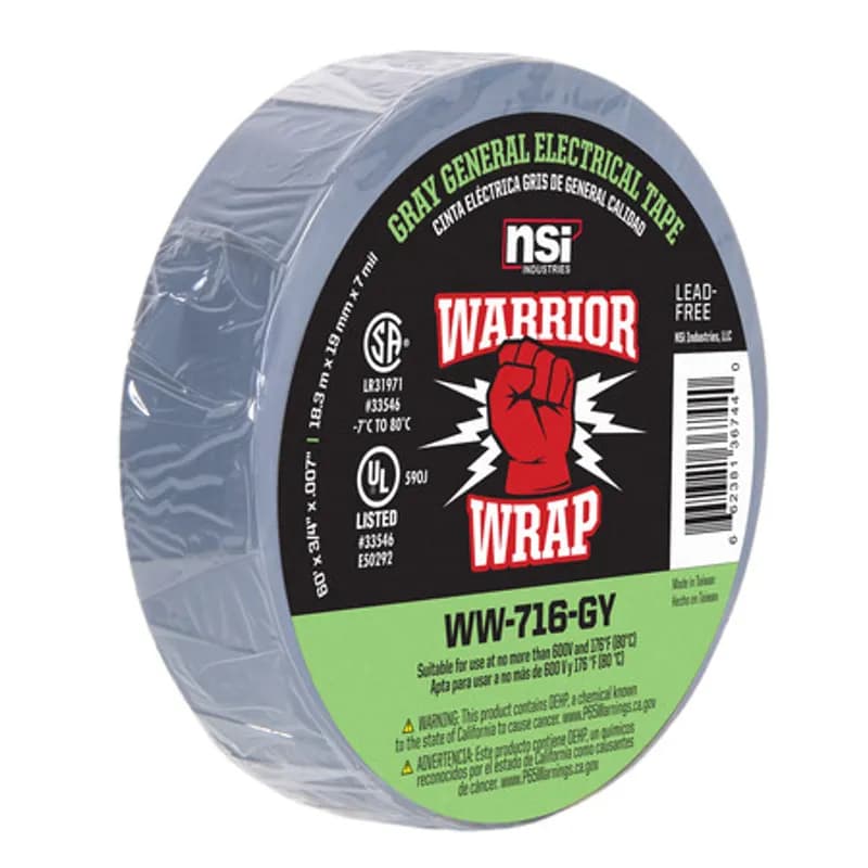 WarriorWrap WW-716-GY Grey Vinyl General Use Electrical Tape is strong enough for professional environments and gets the job done right the first time, every time. This tape is 7mil thick, 60ft long and has a max temperature rating of 176 degrees. The strong adhesion helps stick to uneven surfaces and keeps the backing in place. Top breaking strength and elasticity make WarriorWrap an excellent choice for splicing, insulating or marking wires.