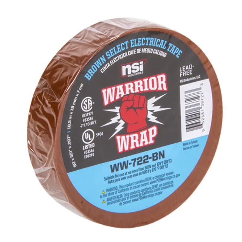 WarriorWrap WW-722-BN Brown Vinyl Professional Electrical Tape is strong enough for demanding environments and highly resistant to abrasion and corrosion. This tape is 7mil thick, 60ft long and has a max temperature rating of 176 degrees. The strong adhesion helps stick to uneven surfaces and keeps the backing in place. Top breaking strength and elasticity make WarriorWrap an excellent choice for splicing, insulating or marking wires.
