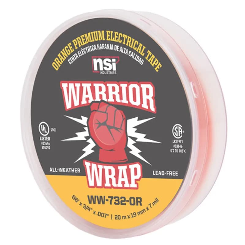 NSI Industries WW-732-OR - WarriorWrap WW-732-OR Orange Vinyl Professional-Quality Electrical Tape is strong enough for demanding environments and highly resistant to abrasion and corrosion. This tape is 7mil thick, 66ft long and has a max temperature rating of 220 degrees F. The strong adhesion helps stick to uneven surfaces and keeps the backing in place. Top breaking strength and elasticity make WarriorWrap an excellent choice for splicing, insulating or marking wires.