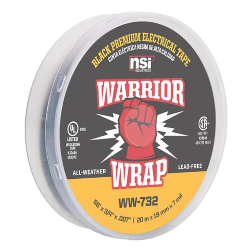 WarriorWrap WW-732 Black Vinyl Professional-Quality Electrical Tape is strong enough for demanding environments and highly resistant to abrasion and corrosion. This tape is 7mil thick, 66ft long and has a max temperature rating of 220 degrees F. The strong adhesion helps stick to uneven surfaces and keeps the backing in place. Top breaking strength and elasticity make WarriorWrap an excellent choice for splicing, insulating or marking wires.