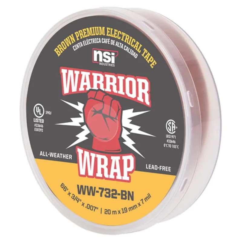 NSI Industries WW-732-BN - WarriorWrap WW-732-BN Brown Vinyl Professional-Quality Electrical Tape is strong enough for demanding environments and highly resistant to abrasion and corrosion. This tape is 7mil thick, 66ft long and has a max temperature rating of 220 degrees F. The strong adhesion helps stick to uneven surfaces and keeps the backing in place. Top breaking strength and elasticity make WarriorWrap an excellent choice for splicing, insulating or marking wires.