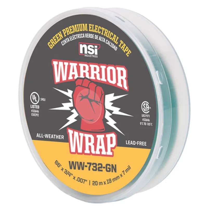NSI Industries WW-732-GN - WarriorWrap WW-732-GN Green Vinyl Professional-Quality Electrical Tape is strong enough for demanding environments and highly resistant to abrasion and corrosion. This tape is 7mil thick, 66ft long and has a max temperature rating of 220 degrees F. The strong adhesion helps stick to uneven surfaces and keeps the backing in place. Top breaking strength and elasticity make WarriorWrap an excellent choice for splicing, insulating or marking wires.