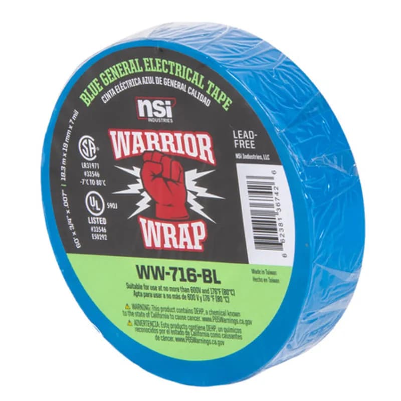 WarriorWrap WW-716-BL Blue Vinyl General Use Electrical Tape is strong enough for professional environments and gets the job done right the first time, every time. This tape is 7mil thick, 60ft long and has a max temperature rating of 176 degrees. The strong adhesion helps stick to uneven surfaces and keeps the backing in place. Top breaking strength and elasticity make WarriorWrap an excellent choice for splicing, insulating or marking wires.