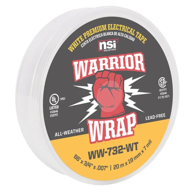 WarriorWrap WW-732-WT White Vinyl Professional-Quality Electrical Tape is strong enough for demanding environments and highly resistant to abrasion and corrosion. This tape is 7mil thick, 66ft long and has a max temperature rating of 220 degrees F. The strong adhesion helps stick to uneven surfaces and keeps the backing in place. Top breaking strength and elasticity make WarriorWrap an excellent choice for splicing, insulating or marking wires.
