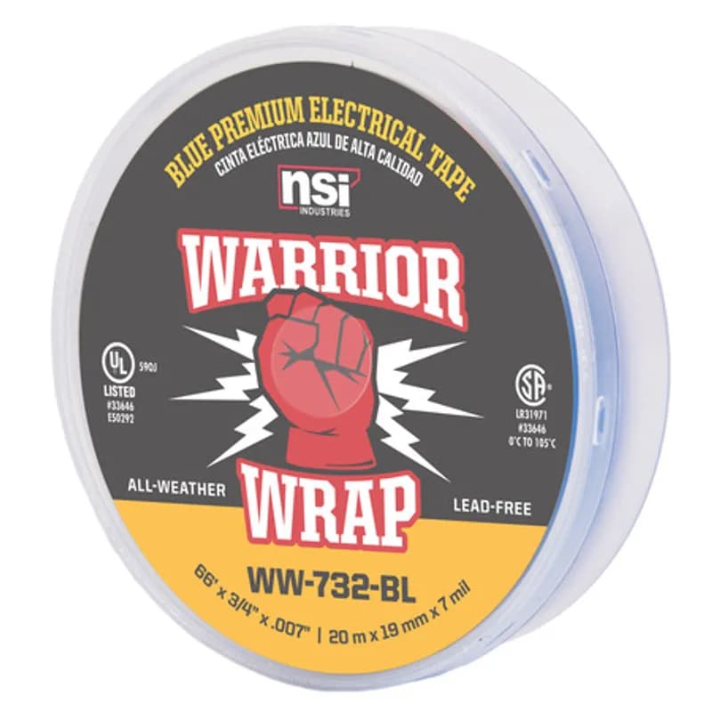WarriorWrap WW-732-BL Blue Vinyl Professional-Quality Electrical Tape is strong enough for demanding environments and highly resistant to abrasion and corrosion. This tape is 7mil thick, 66ft long and has a max temperature rating of 220 degrees F. The strong adhesion helps stick to uneven surfaces and keeps the backing in place. Top breaking strength and elasticity make WarriorWrap an excellent choice for splicing, insulating or marking wires.