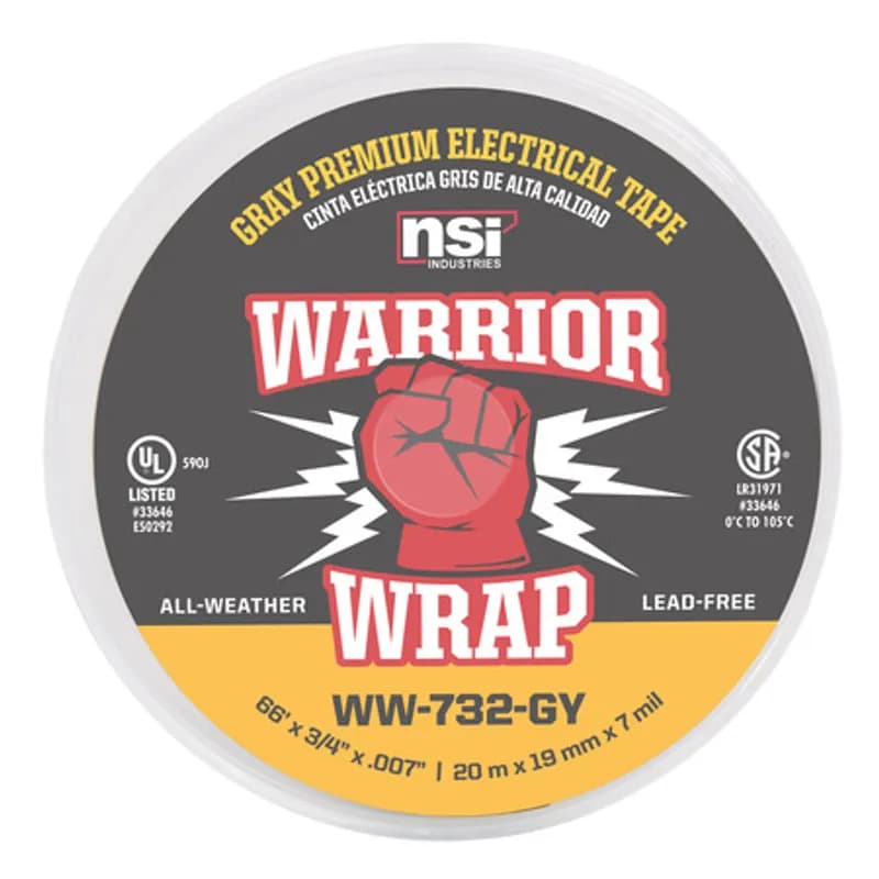 WarriorWrap WW-732-GY Grey Green Vinyl Professional-Quality Electrical Tape is strong enough for demanding environments and highly resistant to abrasion and corrosion. This tape is 7mil thick, 66ft long and has a max temperature rating of 220 degrees F. The strong adhesion helps stick to uneven surfaces and keeps the backing in place. Top breaking strength and elasticity make WarriorWrap an excellent choice for splicing, insulating or marking wires.