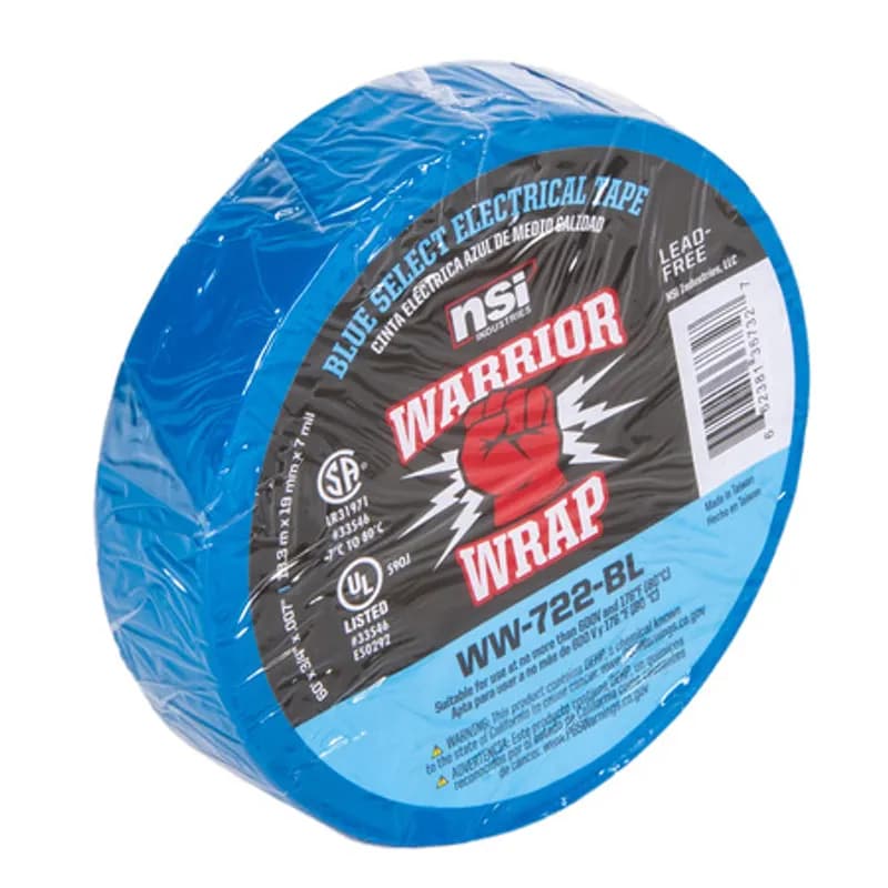WarriorWrap WW-722-BL Blue Vinyl Professional Electrical Tape is strong enough for p demanding environments and highly resistant to abrasion and corrosion. This tape is 7mil thick, 60ft long and has a max temperature rating of 176 degrees. The strong adhesion helps stick to uneven surfaces and keeps the backing in place. Top breaking strength and elasticity make WarriorWrap an excellent choice for splicing, insulating or marking wires.