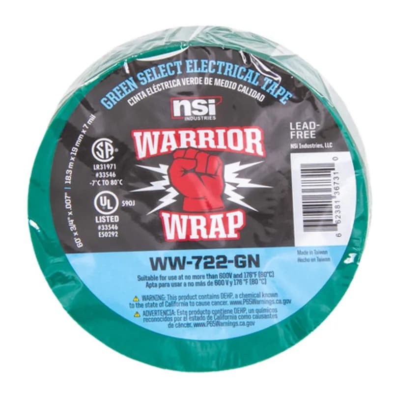 WarriorWrap WW-722-GN Green Vinyl Professional Electrical Tape is strong enough for demanding environments and highly resistant to abrasion and corrosion. This tape is 7mil thick, 60ft long and has a max temperature rating of 176 degrees. The strong adhesion helps stick to uneven surfaces and keeps the backing in place. Top breaking strength and elasticity make WarriorWrap an excellent choice for splicing, insulating or marking wires.