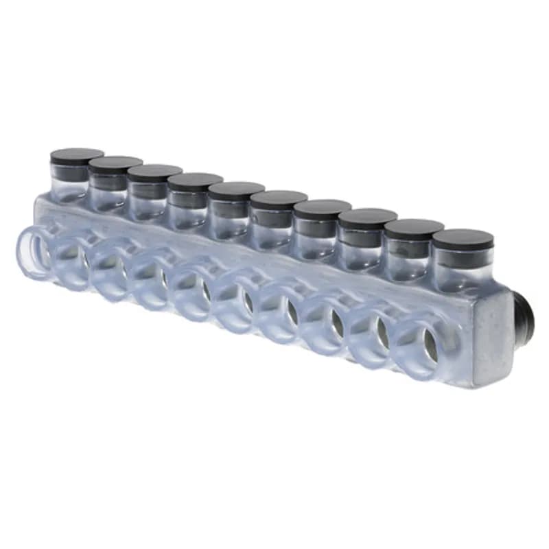 The Polaris IPLD500-10C Multi-Tap Dual-Sided Entry Vision Tap Connector features 10 ports sized for 500 MCM - 4 AWG wires. The clear body allows users to see their conductor placement and is wrapped in a layer of plastisol insulation. Each dual-sided port is pre-loaded with an oxide inhibitor, with removable access plugs over the hex screws used to tighten the connections. Installs with a hex key and torque wrench, without any tape or additional supplies. Designed for use in a wide range of splicing applications, including installation in cable trays, panel boards, ducts, raceways or troughs.