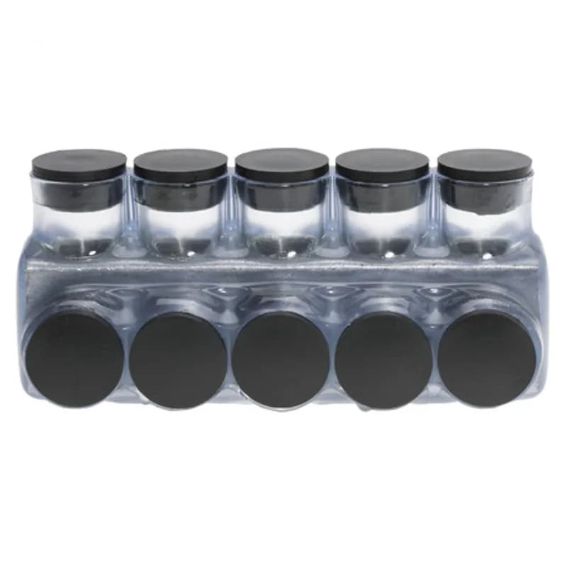 The Polaris IPLD250-5C Multi-Tap Dual-Sided Entry Vision Tap Connector features 5 ports sized for 250 MCM - 6 AWG wires. The clear body allows users to see their conductor placement and is wrapped in a layer of plastisol insulation. Each dual-sided port is pre-loaded with an oxide inhibitor, with removable access plugs over the hex screws used to tighten the connections. Installs with a hex key and torque wrench, without any tape or additional supplies. Designed for use in a wide range of splicing applications, including installation in cable trays, panel boards, ducts, raceways or troughs.