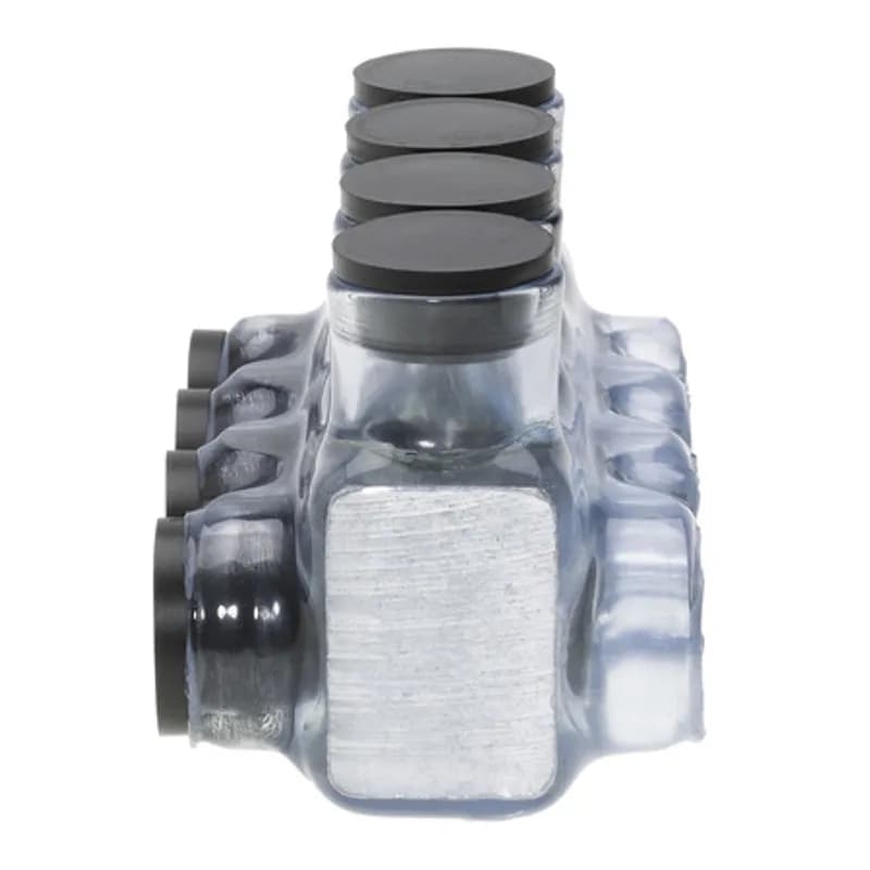 NSI Industries IPLD500-4C - The Polaris IPLD500-4C Multi-Tap Dual-Sided Entry Vision Tap Connector features 4 ports sized for 500 MCM - 4 AWG wires. The clear body allows users to see their conductor placement and is wrapped in a layer of plastisol insulation. Each dual-sided port is pre-loaded with an oxide inhibitor, with removable access plugs over the hex screws used to tighten the connections. Installs with a hex key and torque wrench, without any tape or additional supplies. Designed for use in a wide range of splicing applications, including installation in cable trays, panel boards, ducts, raceways or troughs.