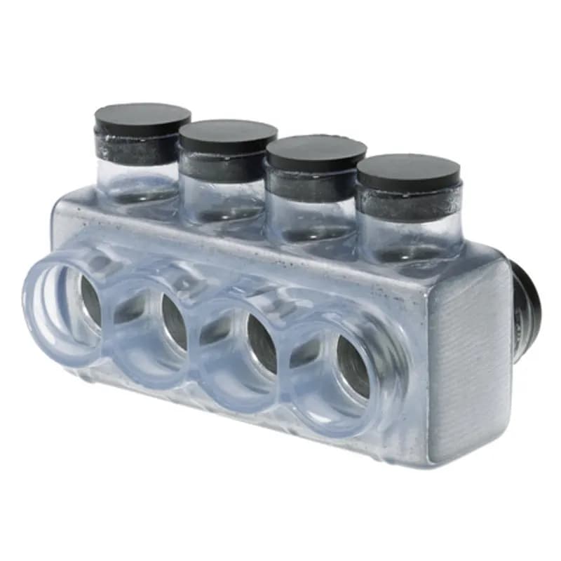 The Polaris IPLD500-4C Multi-Tap Dual-Sided Entry Vision Tap Connector features 4 ports sized for 600 MCM - 6 AWG wires. The clear body allows users to see their conductor placement and is wrapped in a layer of plastisol insulation. Each dual-sided port is pre-loaded with an oxide inhibitor, with removable access plugs over the hex screws used to tighten the connections. Installs with a hex key and torque wrench, without any tape or additional supplies. Designed for use in a wide range of splicing applications, including installation in cable trays, panel boards, ducts, raceways or troughs.