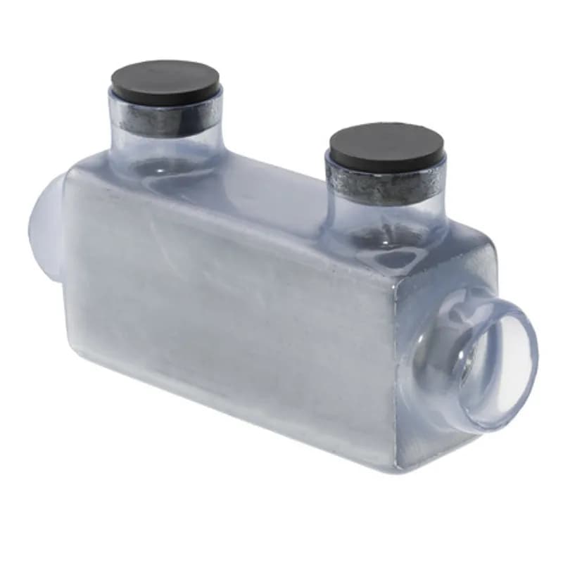 The Polaris ISR-600C Multi-Tap In-line Entry Vision Tap Connector features 2 ports sized for 600 MCM - 6 AWG wires. The clear body allows users to see their conductor placement and is wrapped in a layer of plastisol insulation. Each port is pre-loaded with an oxide inhibitor, with removable access plugs over the hex screws used to tighten the connections. Installs with a hex key and torque wrench, without any tape or additional supplies. Designed for use in a wide range of splicing applications, including installation in cable trays, panel boards, ducts, raceways or troughs.