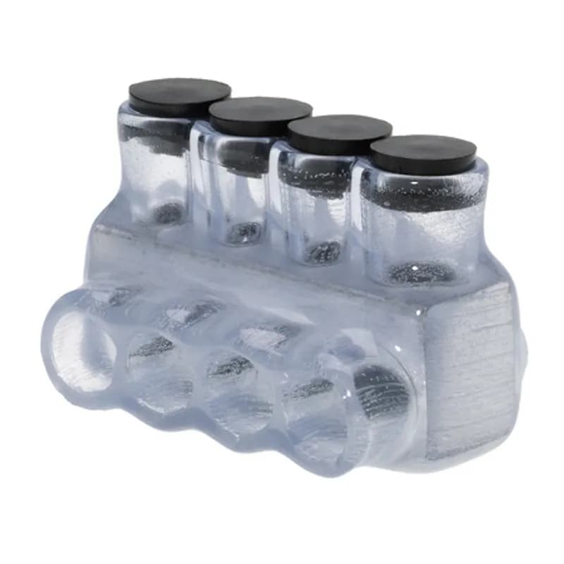 The Polaris IPL4-4C Multi-Tap Single Side Entry Vision Tap Connector features 4 ports sized for 4 - 14 AWG wires. The clear body allows users to see their conductor placement and is wrapped in a layer of plastisol insulation. Each port is pre-loaded with an oxide inhibitor, with removable access plugs over the hex screws used to tighten the connections. Installs with a hex key and torque wrench, without any tape or additional supplies. Designed for use in a wide range of splicing applications, including installation in cable trays, panel boards, ducts, raceways or troughs.