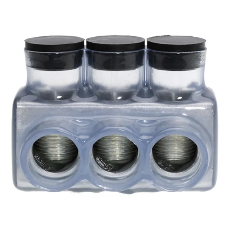 The Polaris IPLD3/0-3C Multi-Tap Dual-Sided Entry Vision Tap Connector features 3 ports sized for 3/0 - 6 AWG wires. The clear body allows users to see their conductor placement and is wrapped in a layer of plastisol insulation. Each dual-sided port is pre-loaded with an oxide inhibitor, with removable access plugs over the hex screws used to tighten the connections. Installs with a hex key and torque wrench, without any tape or additional supplies. Designed for use in a wide range of splicing applications, including installation in cable trays, panel boards, ducts, raceways or troughs.