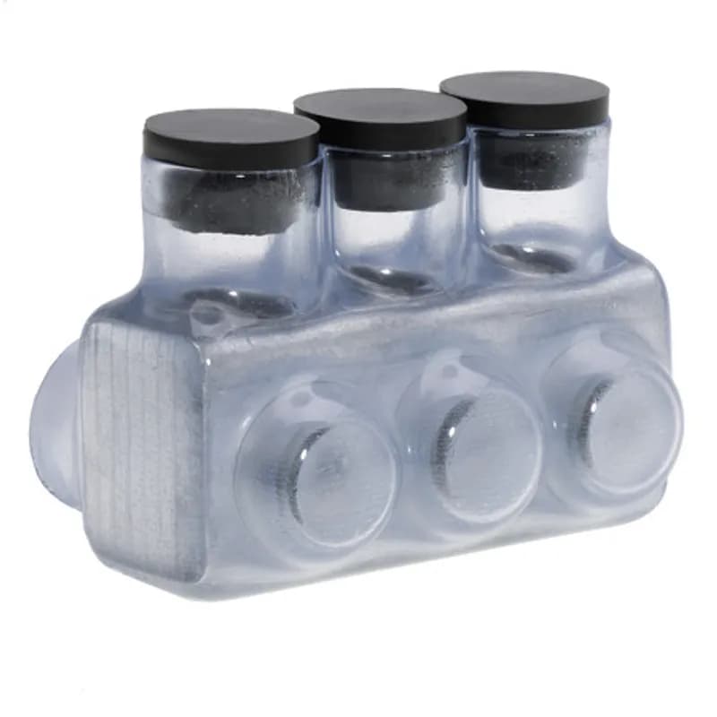 The Polaris IPL3/0-3C Multi-Tap Single Side Entry Vision Tap Connector features 3 ports sized for 3/0 - 6 AWG wires. The clear body allows users to see their conductor placement and is wrapped in a layer of plastisol insulation. Each port is pre-loaded with an oxide inhibitor, with removable access plugs over the hex screws used to tighten the connections. Installs with a hex key and torque wrench, without any tape or additional supplies. Designed for use in a wide range of splicing applications, including installation in cable trays, panel boards, ducts, raceways or troughs.