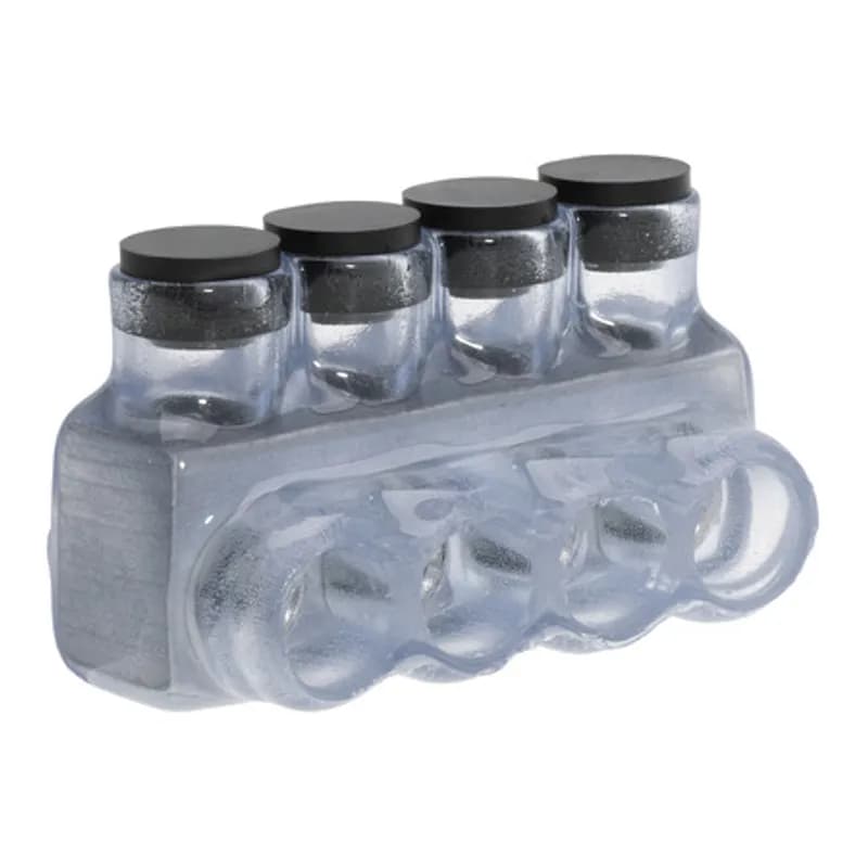 The Polaris IPL1/0-4C Multi-Tap Single Side Entry Vision Tap Connector features 4 ports sized for 1/0 - 14 AWG wires. The clear body allows users to see their conductor placement and is wrapped in a layer of plastisol insulation. Each port is pre-loaded with an oxide inhibitor, with removable access plugs over the hex screws used to tighten the connections. Installs with a hex key and torque wrench, without any tape or additional supplies. Designed for use in a wide range of splicing applications, including installation in cable trays, panel boards, ducts, raceways or troughs.