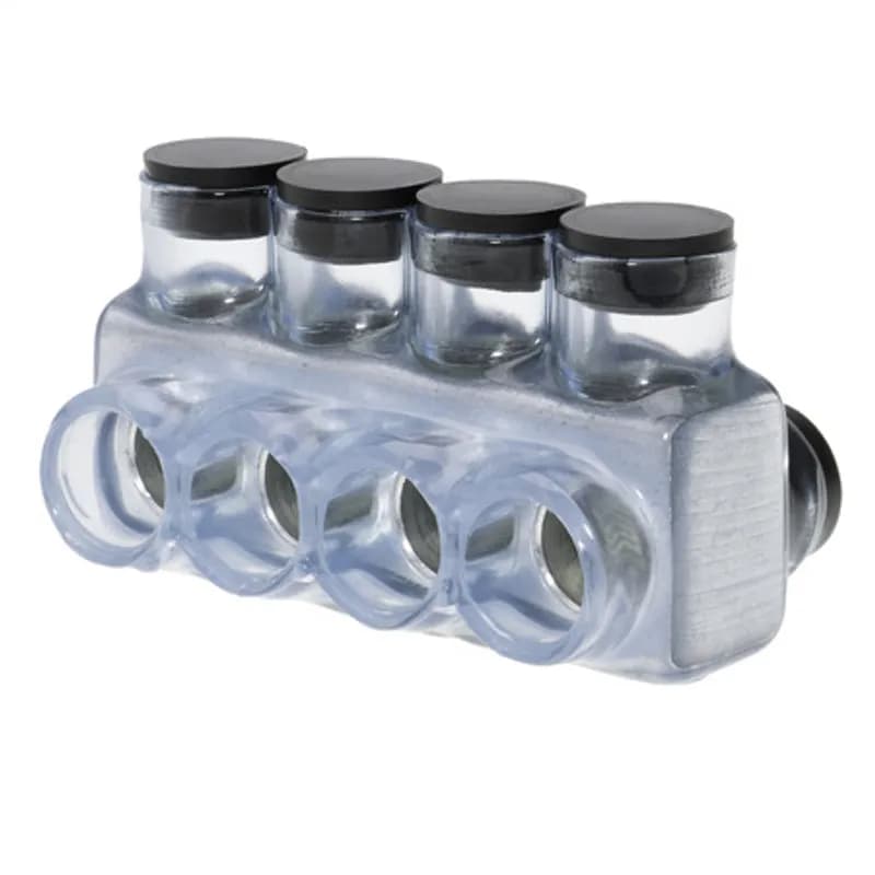 The Polaris IPLD350-4C Multi-Tap Dual-Sided Entry Vision Tap Connector features 4 ports sized for 350 MCM - 6 AWG wires. The clear body allows users to see their conductor placement and is wrapped in a layer of plastisol insulation. Each dual-sided port is pre-loaded with an oxide inhibitor, with removable access plugs over the hex screws used to tighten the connections. Installs with a hex key and torque wrench, without any tape or additional supplies. Designed for use in a wide range of splicing applications, including installation in cable trays, panel boards, ducts, raceways or troughs.