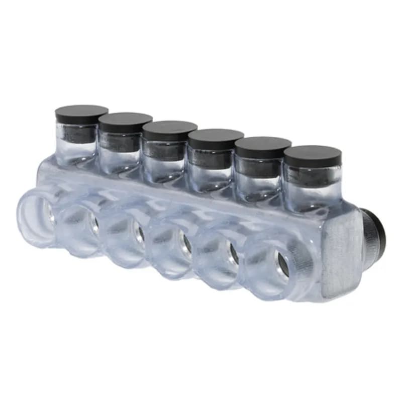 The Polaris IPLD250-6C Multi-Tap Dual-Sided Entry Vision Tap Connector features 6 ports sized for 250 MCM - 6 AWG wires. The clear body allows users to see their conductor placement and is wrapped in a layer of plastisol insulation. Each dual-sided port is pre-loaded with an oxide inhibitor, with removable access plugs over the hex screws used to tighten the connections. Installs with a hex key and torque wrench, without any tape or additional supplies. Designed for use in a wide range of splicing applications, including installation in cable trays, panel boards, ducts, raceways or troughs.