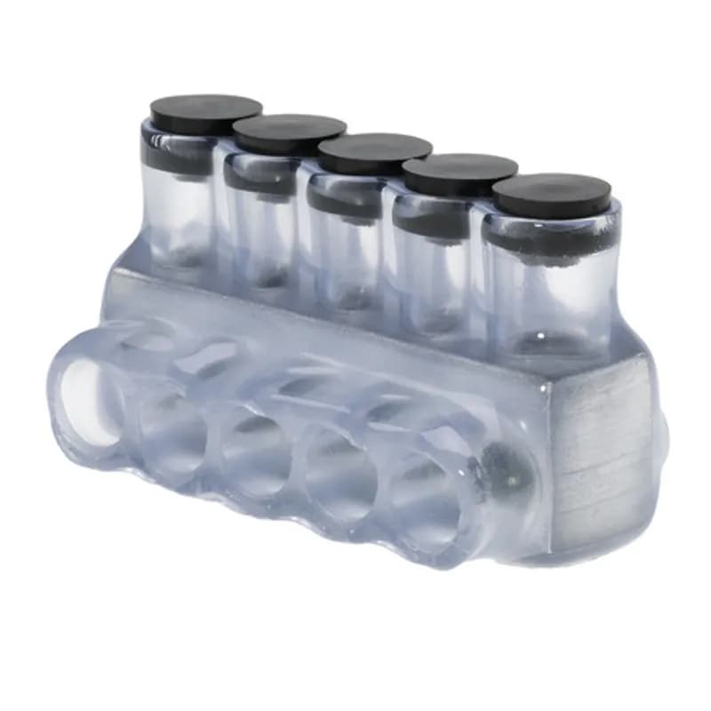 The Polaris IPL4-5C Multi-Tap Single Side Entry Vision Tap Connector features 5 ports sized for 4-14 AWG wires. The clear body allows users to see their conductor placement and is wrapped in a layer of plastisol insulation. Each port is pre-loaded with an oxide inhibitor, with removable access plugs over the hex screws used to tighten the connections. Installs with a hex key and torque wrench, without any tape or additional supplies. Designed for use in a wide range of splicing applications, including installation in cable trays, panel boards, ducts, raceways or troughs.