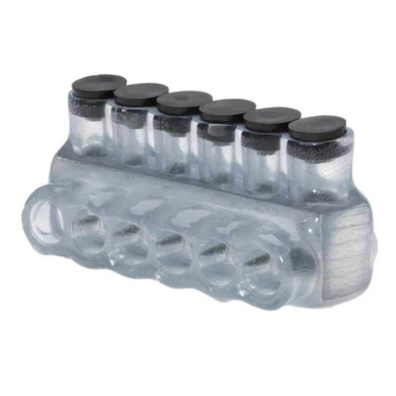 The Polaris IPL4-6C Multi-Tap Single Side Entry Vision Tap Connector features 6 ports sized for 4-14 AWG wires. The clear body allows users to see their conductor placement and is wrapped in a layer of plastisol insulation. Each port is pre-loaded with an oxide inhibitor, with removable access plugs over the hex screws used to tighten the connections. Installs with a hex key and torque wrench, without any tape or additional supplies. Designed for use in a wide range of splicing applications, including installation in cable trays, panel boards, ducts, raceways or troughs.