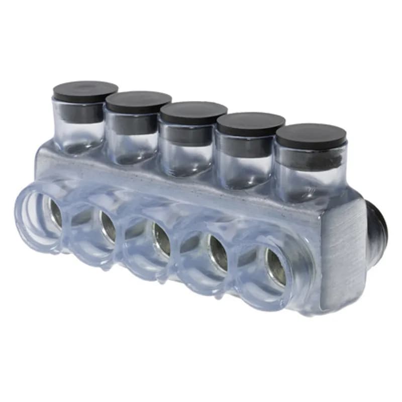 The Polaris IPLD350-5C Multi-Tap Dual-Sided Entry Vision Tap Connector features 5 ports sized for 350 MCM - 6 AWG wires. The clear body allows users to see their conductor placement and is wrapped in a layer of plastisol insulation. Each dual-sided port is pre-loaded with an oxide inhibitor, with removable access plugs over the hex screws used to tighten the connections. Installs with a hex key and torque wrench, without any tape or additional supplies. Designed for use in a wide range of splicing applications, including installation in cable trays, panel boards, ducts, raceways or troughs.