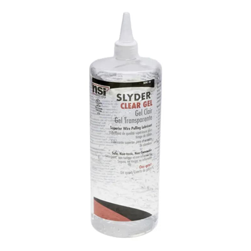 NSI Industries SCWL-1Q - Slyder Clear Cable Lubricant - 1 Quart APPLICATIONS: Slyder Clear Cable Lubricant is a superior gel lubricant that reduces surface tension on cable to the lowest level. Its excellent adherence to cable ensures maximum performance and easier pulls. It maintains its lubricity even after drying and has excellent re-wedding characteristics. Slyder is non-toxic and non-flame propagating and can be used as part of a fire retardant installation. It does not contain any aromatic or petroleum derivative. Exceptional lubricity Adheres better so it performs better Superior performance at elbows, multiple turn pulls, tight fitting pulls and higher temperature applications Retains higher lubricity when dry on the cable, making removal or repairs much easier. Recovers more than 95 percent of its original lubricity after re-wetting - even after it has been dry for extended periods Compatible with all types of cable jackets. Will no cause racking or discoloration of the cable Does no support flame - either as a gel or dried lubricant Safe. Slyder is non-toxic to humans. It is composed of ingredients that are individually listed as non-hazardous at the concentration used. Easy to clean up. Easily removed from equipment or personnel with only water. SIZE: 1 Quart MANUFACTURER: NSi Industries