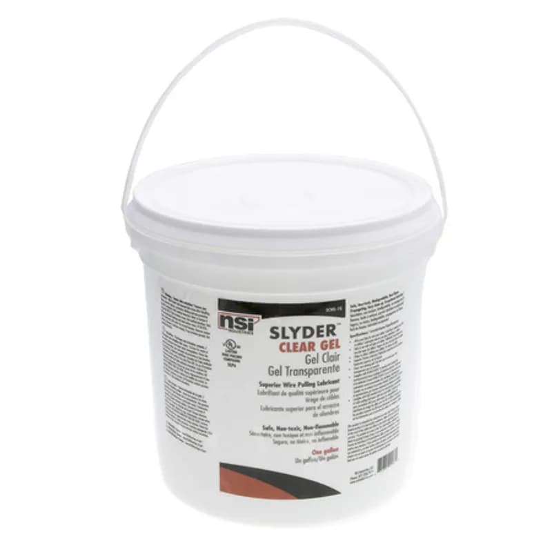 NSI Industries SCWL-1G - Slyder Clear Cable Lubricant - 1 Gallon APPLICATIONS: Slyder Clear Cable Lubricant is a superior gel lubricant that reduces surface tension on cable to the lowest level. Its excellent adherence to cable ensures maximum performance and easier pulls. It maintains its lubricity even after drying and has excellent re-wedding characteristics. Slyder is non-toxic and non-flame propagating and can be used as part of a fire retardant installation. It does not contain any aromatic or petroleum derivative. Exceptional lubricity Adheres better so it performs better Superior performance at elbows, multiple turn pulls, tight fitting pulls and higher temperature applications Retains higher lubricity when dry on the cable, making removal or repairs much easier. Recovers more than percent of its original lubricity after re-wetting - even after it has been dry for extended periods Compatible with all types of cable jackets. Will no cause racking or discoloration of the cable Does no support flame - either as a gel or dried lubricant Safe. Slyder is non-toxic to humans. It is composed of ingredients that are individually listed as non-hazardous at the concentration used. Easy to clean up. Easily removed from equipment or personnel with only water. SIZE: 1 Gallon MANUFACTURER: Nsi Industries