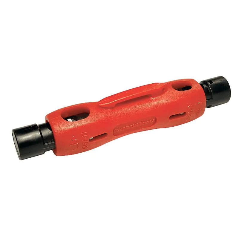 Quickly and easily strips a broad range of coax cables in a single step without any adjustments. The blades are designed to produce the standard 1/4" braid, 2-level strip for compression connectors.