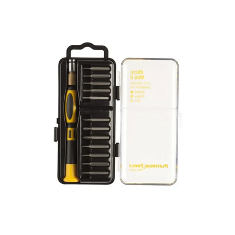 The Micro Mini II Screwdriver Set features a combination of the smallest popular bits used in today's electronics. The soft grip TPR handle has a non-mag, 4 mm, bit holder that adjusts from 5" to 8"., 849160000655