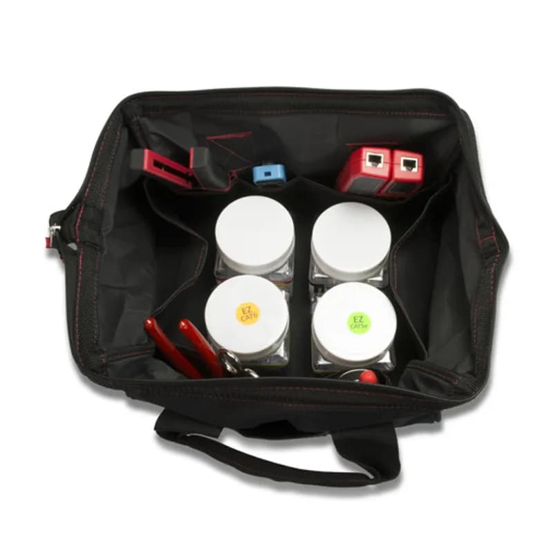 NSI Industries 90149 - The EXO Deluxe Termination & Test Kit is the perfect one stop cable preparation, termination and test kit. This kit includes all the termination, preparation and test tools needed to properly terminate EZ-RJ45, ezEX44 and ezEX™48 connectors. With this kit, you will be able to terminate various cable sizes and conductor diameters with precision and test for proper termination. All tools and connectors come neatly organized in the Platinum Tools heavy-duty nylon Big Mouth Tool Bag. 849160009054