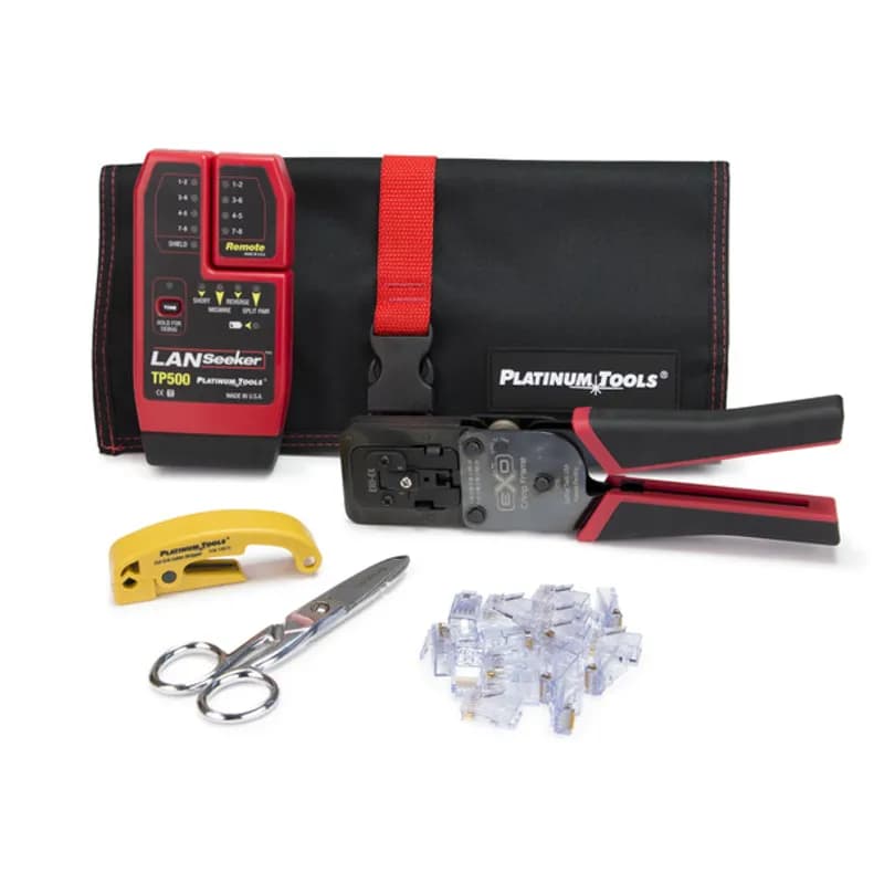 NSI Industries 90148 - The EXO ezEX-RJ45 Termination & Test Kit is the perfect one stop cable preparation, termination and test kit. Includes all the termination, preparation and test tools need to properly terminate ezEX44 connectors (Cat 5e & Cat 6 cables). All tools, tester and connectors come neatly organized in the Platinum Tools heavy-duty nylon Hanging Tool Pouch. 849160008934