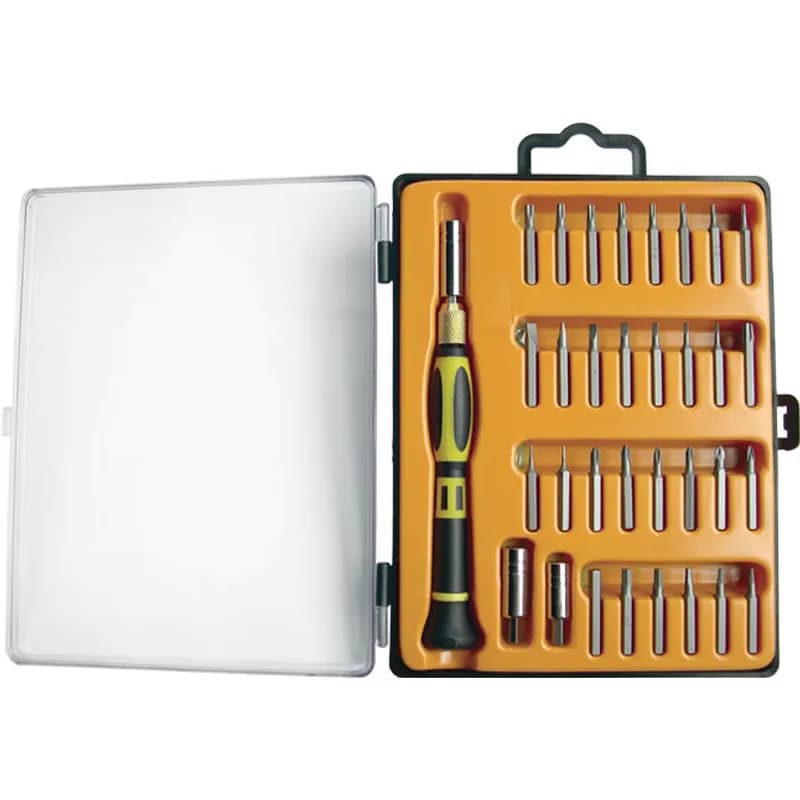 The 33 Piece Precision Screwdriver Set features high quality, hardened, chrome vanadium tips for long life. The screwdriver handle is molded from TPR for a comfortable, non-slip grip. The handle is also adjustable from 5" to 9.5", perfect for those hard to reach places. Smooth action rotating cap. Case is molded from high impact plastic., 899740000360