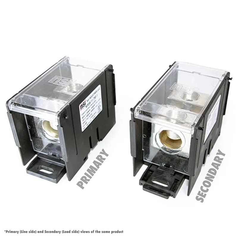 100kA Short Circuit Current Rated Power Distribution Block. 1 x 750-250 MCM Line, 1 x 750-250 MCM Load Power Distribution Blocks are made of Valox Nylon 6/6, Finger Safe Lexan 500R Polycarbonate Panels and Covers, high-conductivity 6061-T6 Electro-Tin Plated aluminum alloy connector. Each block can stand alone or combine with other blocks to form a multi-block set, and are also Din Rail Mountable with built in locking mechanism to lock/release.