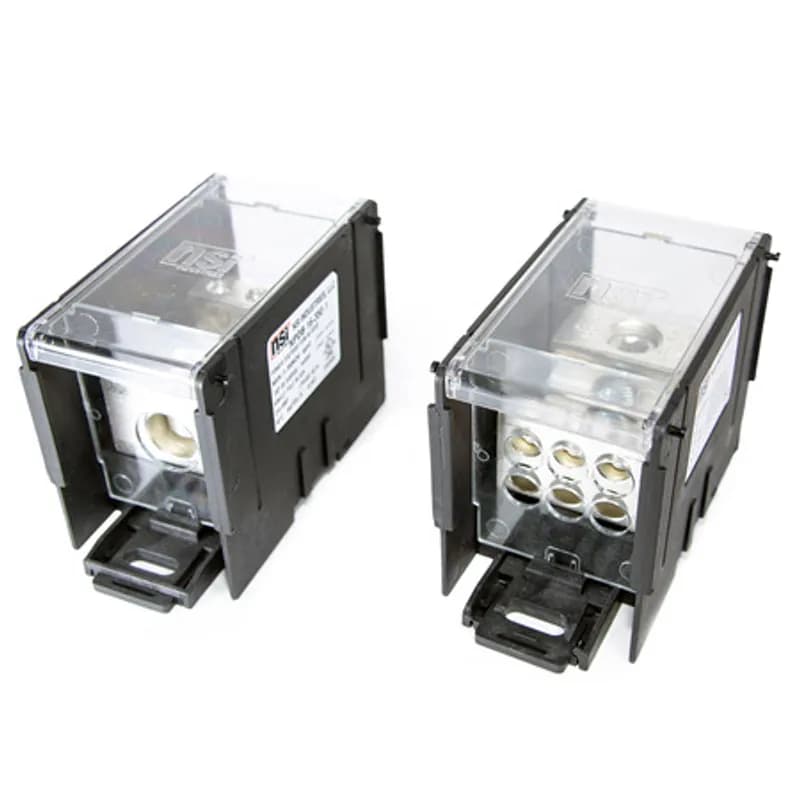 100kA Short Circuit Current Rated Power Distribution Block for splicing or tapping of 1-2 Primary Conductors to 1-12 Secondary Side Conductors. 1 x 600 MCM-4 AWG Line, 1 x 600 MCM-4 AWG Load Power. Distribution Blocks are made of Valox Nylon 6/6, Finger Safe Lexan 500R Polycarbonate Panels and Covers, high-conductivity 6061-T6 Electro-Tin Plated aluminum alloy connector. Each block can stand alone or combine with other blocks to form a multi-block set, and are also Din Rail Mountable with built in locking mechanism to lock/release.
