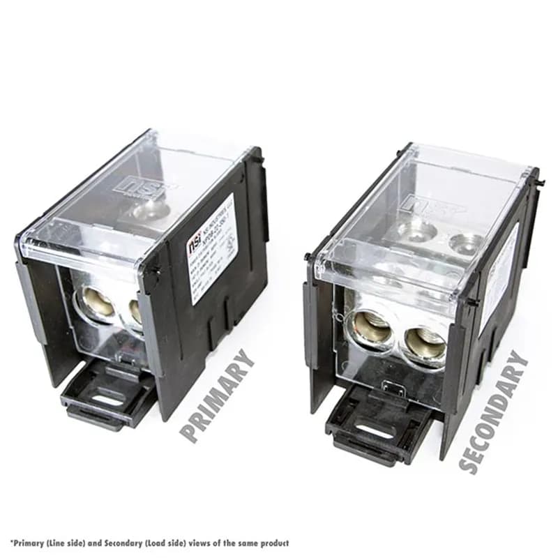 100kA Short Circuit Current Rated Power Distribution Block. 2 x 500 MCM-4 AWG Line, 2 x 500 MCM-4 AWG Load Power Distribution Blocks are made of Valox Nylon 6/6, Finger Safe Lexan 500R Polycarbonate Panels and Covers, high-conductivity 6061-T6 Electro-Tin Plated aluminum alloy connector. Each block can stand alone or combine with other blocks to form a multi-block set, and are also Din Rail Mountable with built in locking mechanism to lock/release.