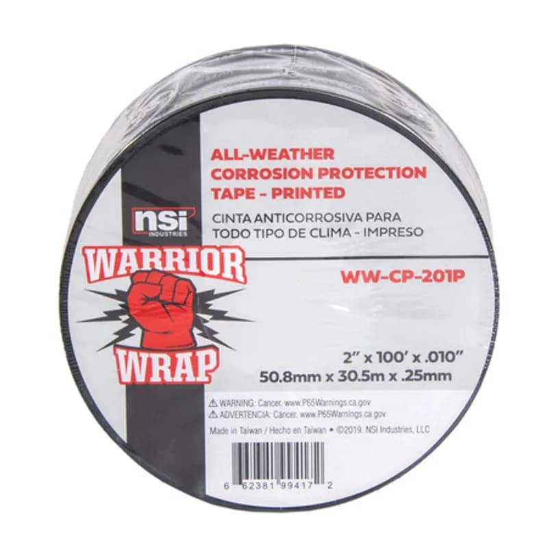 NSI Industries WW-CP-201P - WarriorWrap WW-CP-201P Printed All-Weather Corrosion Protection Tape is strong enough for professional environments and gets the job done right the first time, every time. This tape is 10mil thick, 2 inches wide, 100ft long and has a plasticized PVC design. The strong adhesion helps stick to uneven surfaces and the tape has leading corrosion, abrasion and impact protection. Top breaking strength and elasticity make WarriorWrap an excellent choice for metal pipes, conduit or fittings, above or below ground.