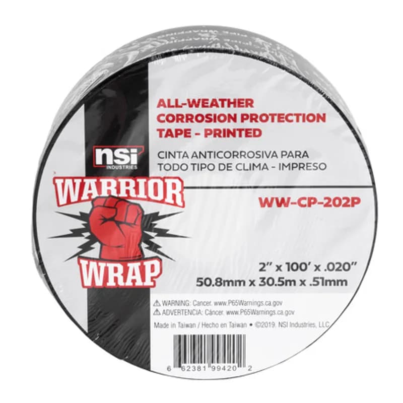 NSI Industries WW-CP-202P - WarriorWrap WW-CP-202P Printed All-Weather Corrosion Protection Tape is strong enough for professional environments and gets the job done right the first time, every time. This tape is 20mil thick, 2 inches wide, 100ft long and has a plasticized PVC design. The strong adhesion helps stick to uneven surfaces and the tape has leading corrosion, abrasion and impact protection. Top breaking strength and elasticity make WarriorWrap an excellent choice for metal pipes, conduit or fittings, above or below ground.