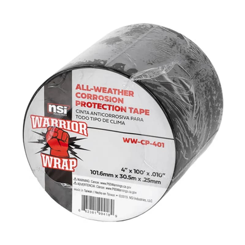 NSI Industries WW-CP-401 - WarriorWrap WW-CP-401 All-Weather Corrosion Protection Tape is strong enough for professional environments and gets the job done right the first time, every time. This tape is 10mil thick, 4 inches wide, 100ft long and has a plasticized PVC design. The strong adhesion helps stick to uneven surfaces and the tape has leading corrosion, abrasion and impact protection. Top breaking strength and elasticity make WarriorWrap an excellent choice for metal pipes, conduit or fittings, above or below ground.