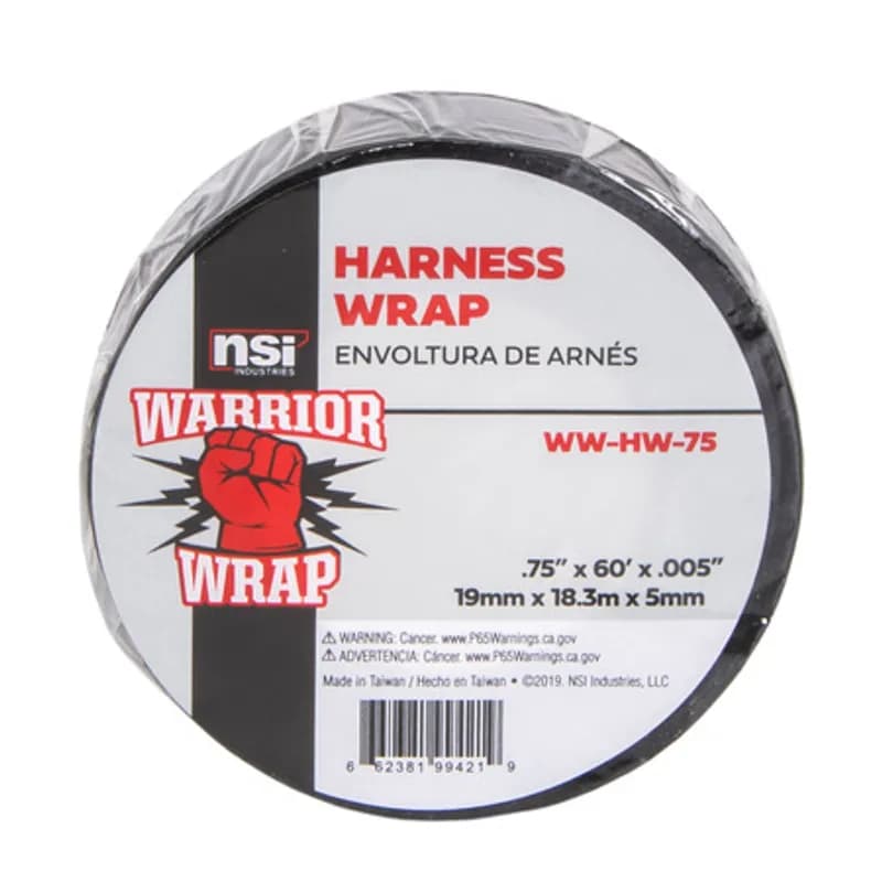NSI Industries WW-HW-75 - WarriorWrap WW-HW-75 Black Harness Wrap Vinyl Electrical Tape gets the job done right the first time, every time. This tape is 5mil thick, .75 inch wide, 60ft long and has a UV and moisture-resistant vinyl design. The superior elasticity and exceptional adhesion help stick to uneven surfaces and easily conforms to irregular shapes. Top breaking strength, elongation and elasticity make WarriorWrap an excellent choice for the harnessing and bundling of cables in a variety of professional commercial applications.