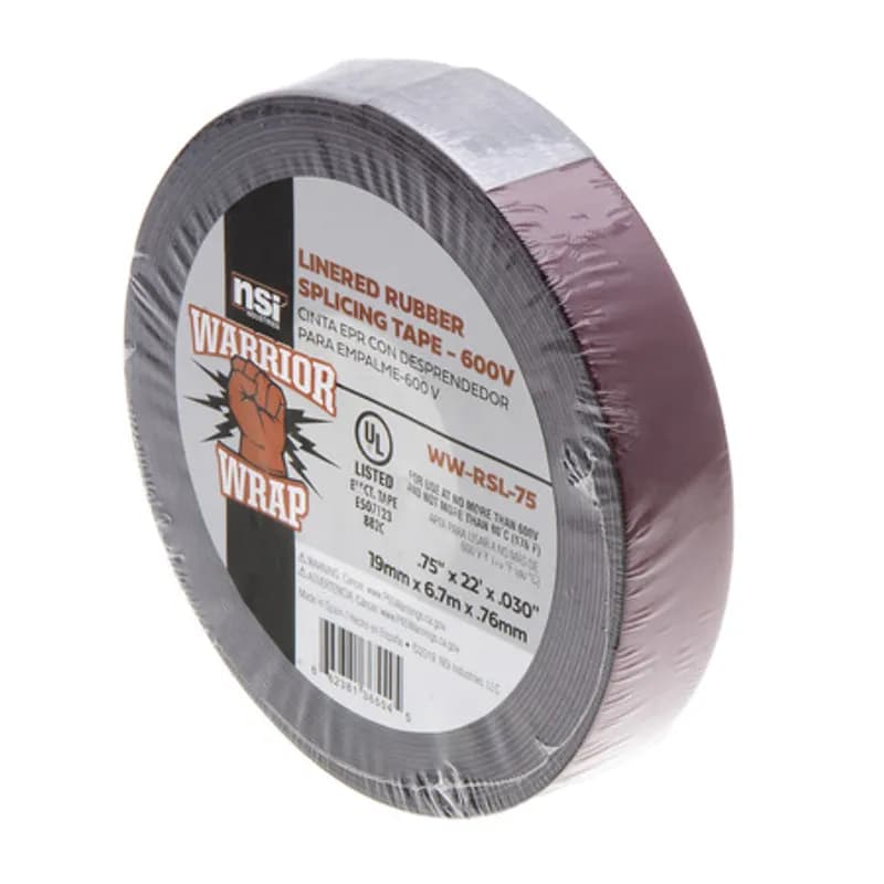NSI Industries WW-RSL-75 - WarriorWrap WW-RSL-75 Black Linered Rubber Splicing Tape is strong enough for professional environments and gets the job done right the first time, every time. This tape is 30mil thick, .75 inch wide, 22ft long and is made from temperature-stable materials. The self-bonding adhesive ensures moisture protection and easily conforms to irregular shapes while the liner repels dust and dirt during installation. Top breaking strength, elongation and elasticity make WarriorWrap an excellent choice for insulating, jacketing of splices on power cables, jacketing terminations or for building stress cones.