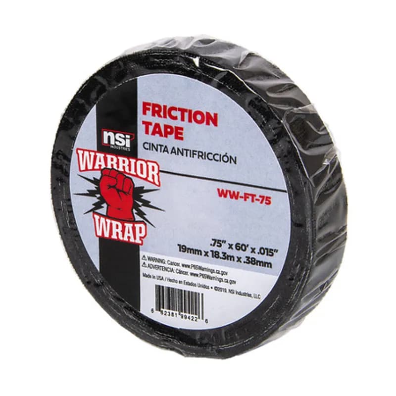NSI Industries WW-FT-75 - WarriorWrap WW-FT-75 Black Friction Tape is strong enough for professional environments and gets the job done right the first time, every time. This tape is 7mil thick, .75 inches wide, 60ft long and has a high-quality cotton cloth design. The rubber-blend adhesive helps stick to uneven surfaces and delivers mechanical protection against abrasion or penetration. Top breaking strength and elasticity make WarriorWrap an excellent choice for general applications like temporary binding and harnessing or protecting wires from sharp edges.