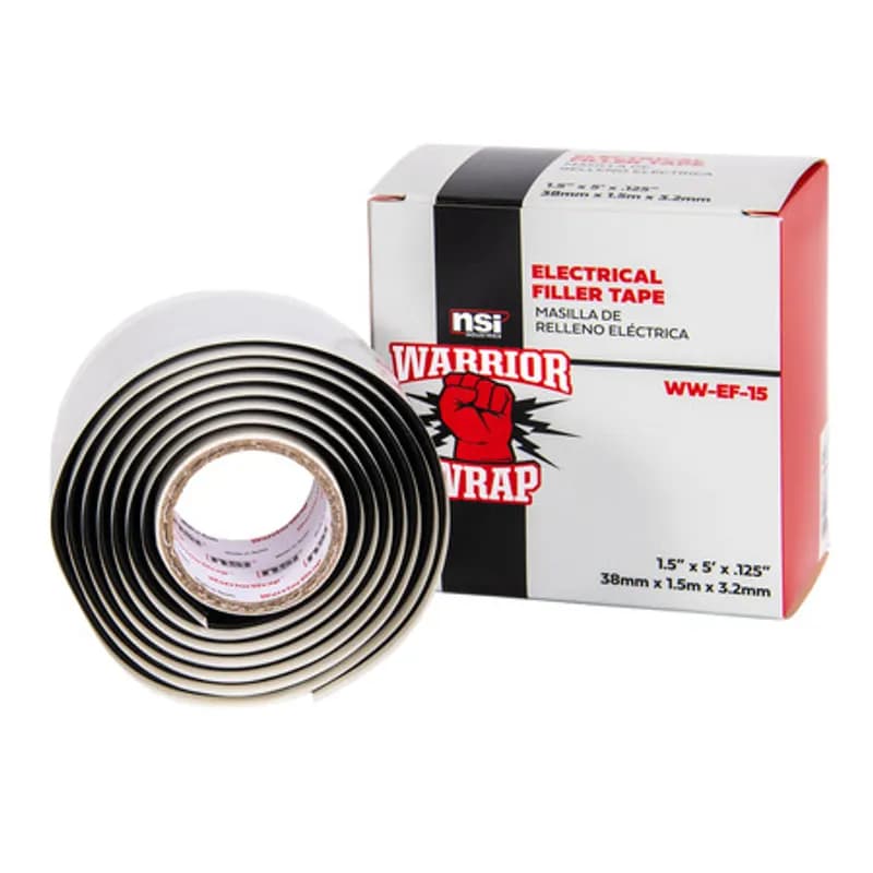 NSI Industries WW-EF-15 - WarriorWrap WW-EF-15 Self-Amalgamating Electrical Filler Tape is strong enough for professional environments and gets the job done right the first time, every time. This tape is 1/8in thick, 1.5 inches wide, 5ft long and has a self-amalgamating, butyl-based mastic design. The strong adhesion helps stick to uneven surfaces and the tape has a non-oxidizing design that will not corrode copper or aluminum. Top breaking strength and elasticity make WarriorWrap an excellent choice for encapsulating and protecting all types of connections and devices up to 600V.