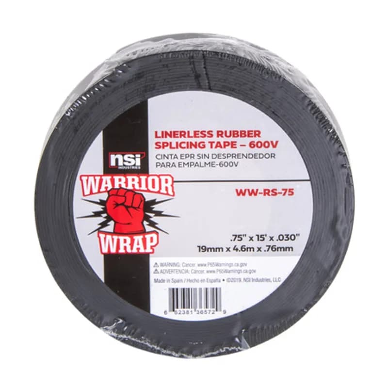 NSI Industries WW-RS-75 - WarriorWrap WW-RS-75 Black Linerless Rubber Splicing Tape is strong enough for professional environments and gets the job done right the first time, every time. This tape is 30mil thick, .75 inch wide, 15ft long and is made from temperature-stable materials. The self-bonding adhesive ensures moisture protection and easily conforms to irregular shapes. Top breaking strength, elongation and elasticity make WarriorWrap an excellent choice for insulating, jacketing of splices on power cables, jacketing terminations or for building stress cones.