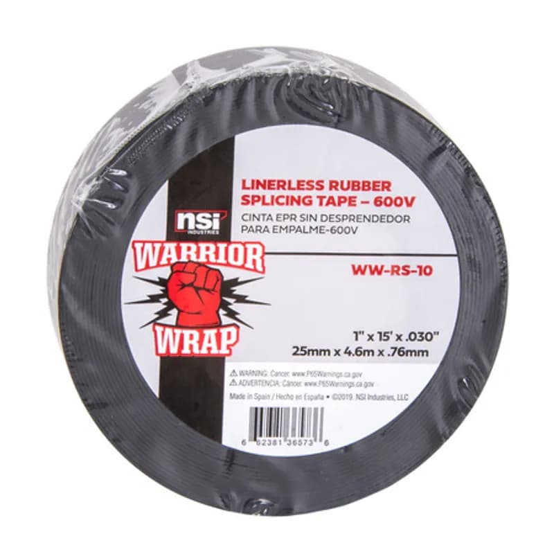NSI Industries WW-RS-10 - WarriorWrap WW-RS-10 Black Linerless Rubber Splicing Tape is strong enough for professional environments and gets the job done right the first time, every time. This tape is 30mil thick, 1 inch wide, 15ft long and is made from temperature-stable materials. The self-bonding adhesive ensures moisture protection and easily conforms to irregular shapes. Top breaking strength, elongation and elasticity make WarriorWrap an excellent choice for insulating, jacketing of splices on power cables, jacketing terminations or for building stress cones.