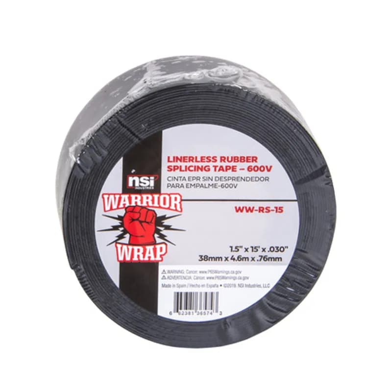 NSI Industries WW-RS-15 - WarriorWrap WW-RS-15 Black Linerless Rubber Splicing Tape is strong enough for professional environments and gets the job done right the first time, every time. This tape is 30mil thick, 1.5 inch wide, 15ft long and is made from temperature-stable materials. The self-bonding adhesive ensures moisture protection and easily conforms to irregular shapes. Top breaking strength, elongation and elasticity make WarriorWrap an excellent choice for insulating, jacketing of splices on power cables, jacketing terminations or for building stress cones.