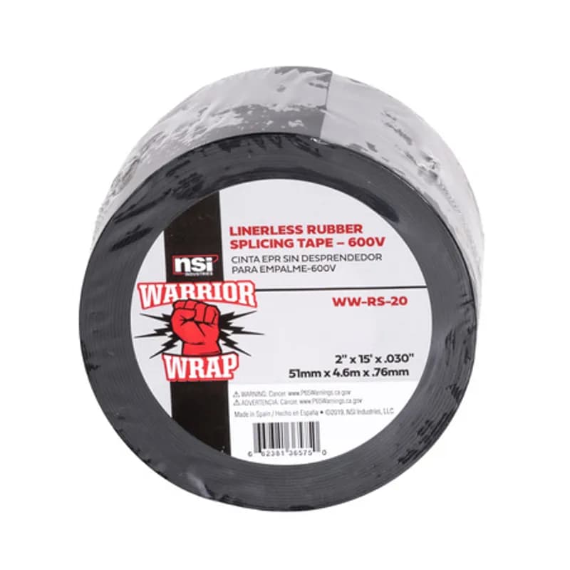 NSI Industries WW-RS-20 - WarriorWrap WW-RS-20 Black Linerless Rubber Splicing Tape is strong enough for professional environments and gets the job done right the first time, every time. This tape is 30mil thick, 2 inches wide, 15ft long and is made from temperature-stable materials. The self-bonding adhesive ensures moisture protection and easily conforms to irregular shapes. Top breaking strength, elongation and elasticity make WarriorWrap an excellent choice for insulating, jacketing of splices on power cables, jacketing terminations or for building stress cones.