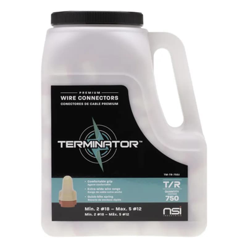 NSI Industries TM-TR-750J - TERMINATOR Tan/Red Premium Wire Connectors with Steel Springs, Rated for copper wire in 18-12 AWG Wire Range. Dual color coding means one premium wire connector does the job of two standard connectors in most applications.